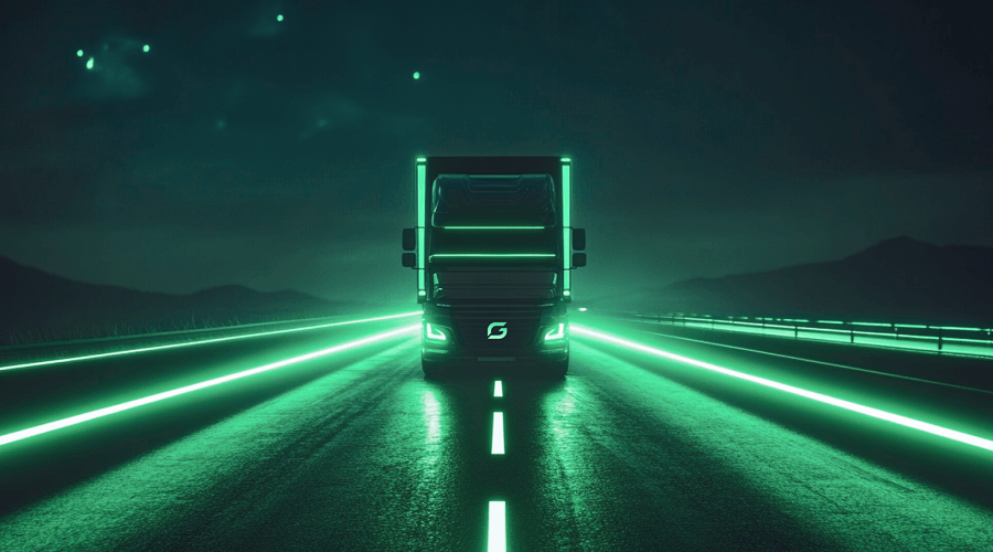 GreenLine hero illustration: LNG trucks on a highway with sustainability iconography